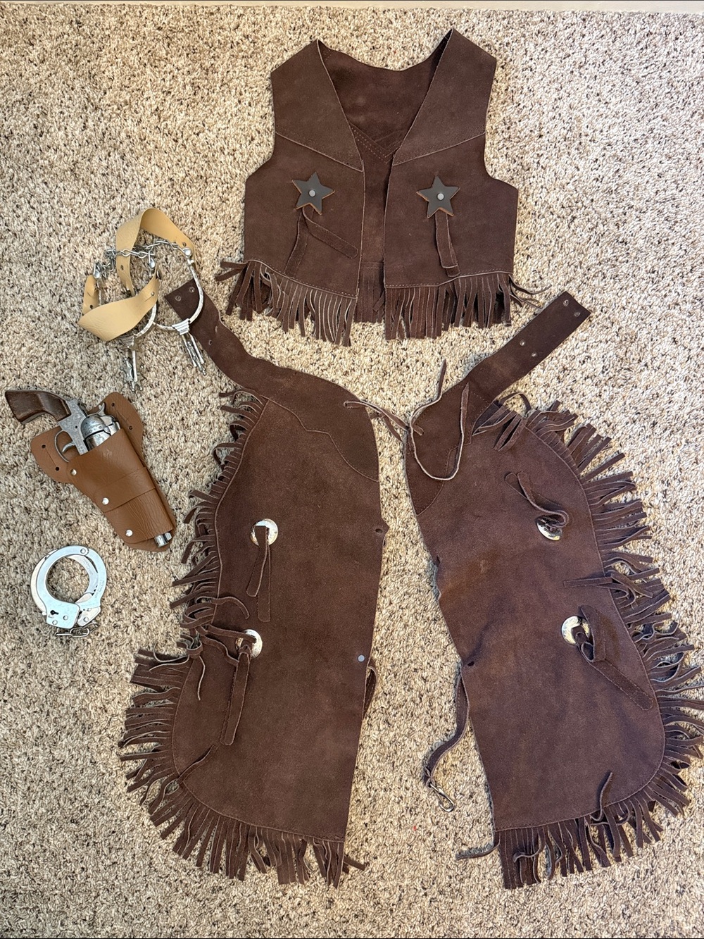 Kids Brown Cowboy suede leather Vest & Chaps Costume Set